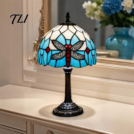 Floral Pattern Lamp Tiffany Dragonfly Stained Glass Table Lamp, Vintage Blue Bedside Night Light, European Style Metal Base Decorative Atmosphere for