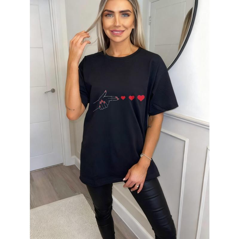 Oversized T Shirt Black Hand Pointing Heart Print Casual Everyday Wear