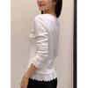 Women's Slim Fit White Lace Trim Long-Sleeved T-Shirt, Round Neck, Korean Style, Perfect Base Layer for Early Autumn