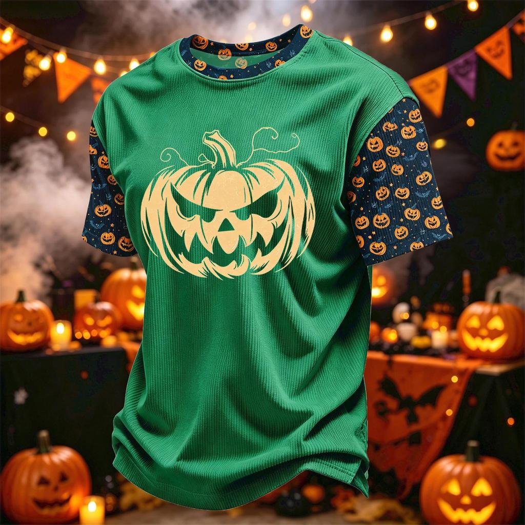 Herren Kord-Rundhals Leicht Atmungsaktiv Kurzarm Oberteil Halloween-Druck Kürbis Grafik Buchstaben oder Süßes Design Freizeithemd