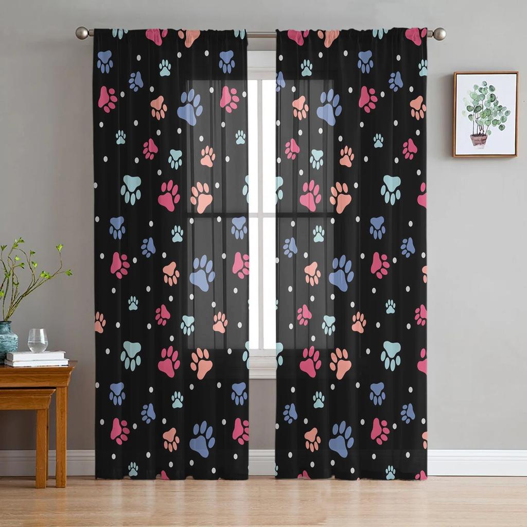 Tulle Curtains for Living Room Dog Paw Black Gray Bedroom Study Window Sheer Curtains Kitchen Balcony Interior Voile Curtains