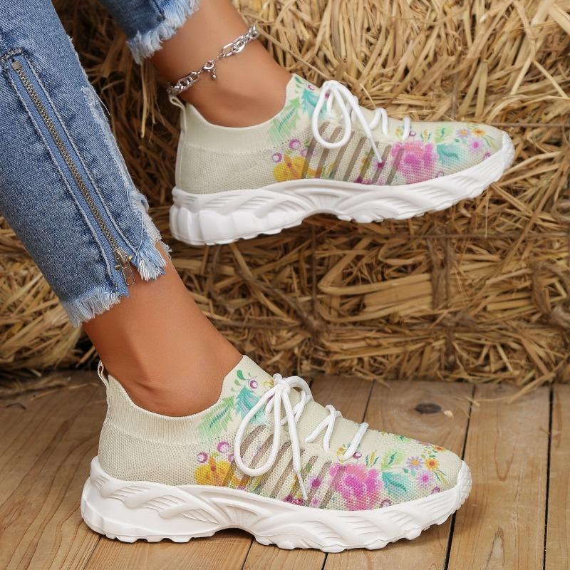 Fashion Women's 2024 New Fashion Mesh Plant Print Breathable Slip-on Casual Sneakers