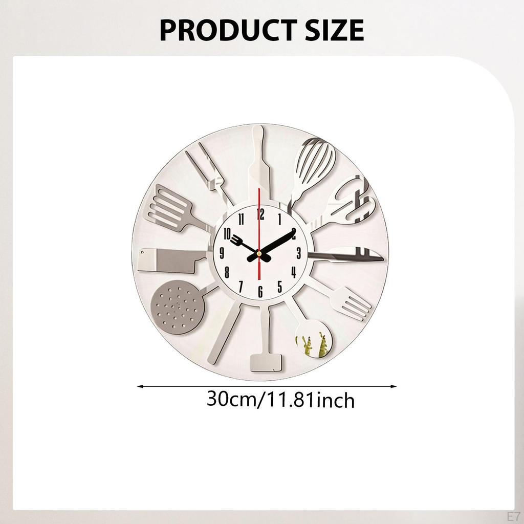 Acrylic Kitchen Wall Clock with Decorative Utensils, Silent Mechanism And Easy-to-Read Numbers,