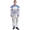 Mens Alien Robot Costume Retro Space Theme Long Sleeve Jumpsuit Shiny Metallic Halloween Party Outfit