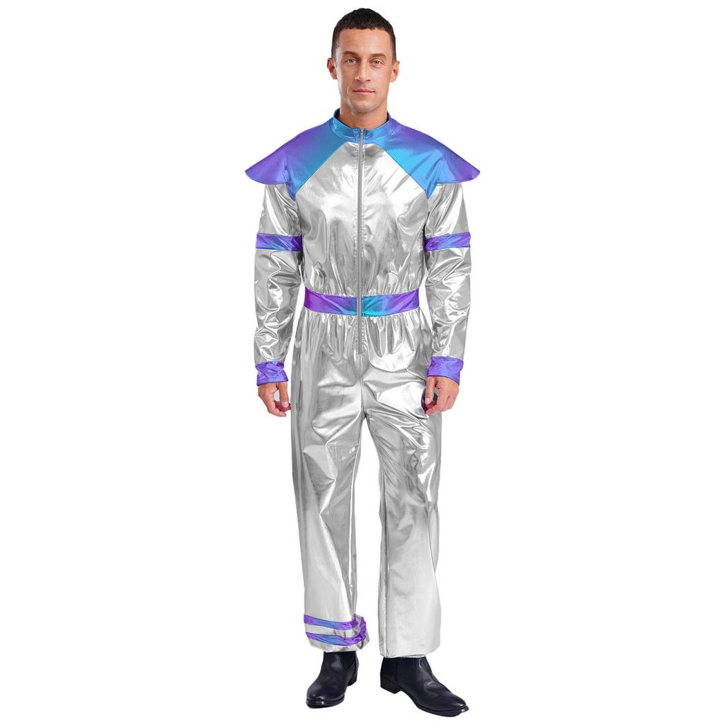 Mens Alien Robot Costume Retro Space Theme Long Sleeve Jumpsuit Shiny Metallic Halloween Party Outfit