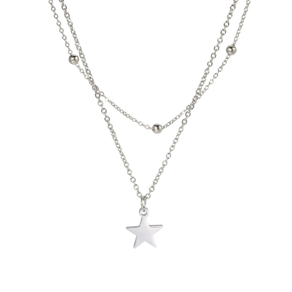KKjoy Star Pendant Necklace for Women Silver Color Stainless Steel Beads Double Chain Collars Minimalist Jewelry Accessories New