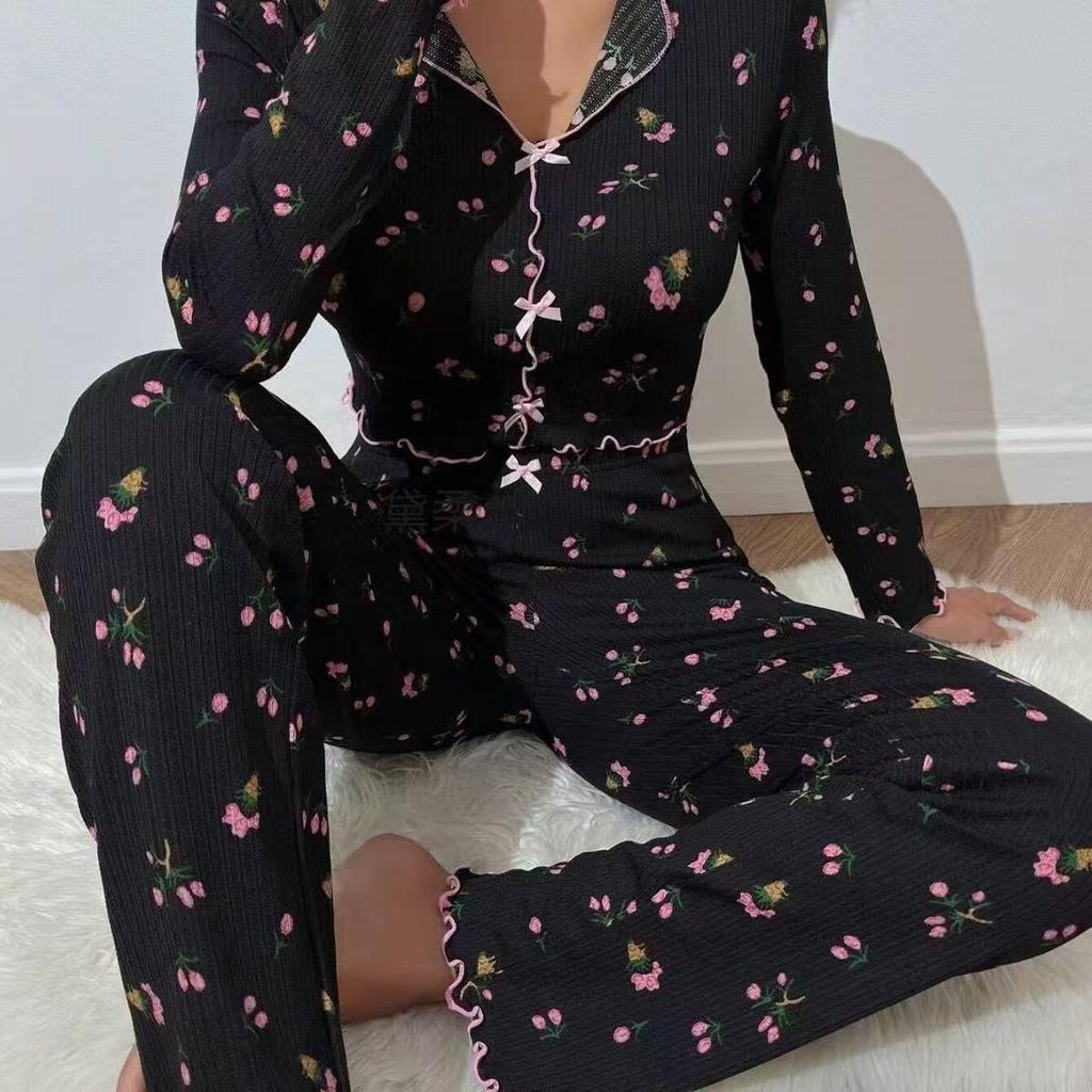 Floral Print Long Sleeve Pajama Set: Casual Wearable Lounge Suit