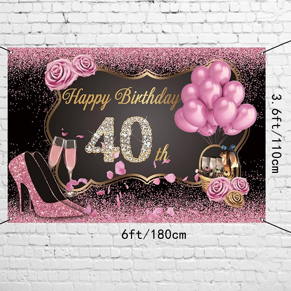 AWERT Polyester 6x3.6ft Happy 40th Birthday Banner - Pink Gold Sign Poster for Women's 40th Party Decorations with Diamonds, Champagne Rose, High