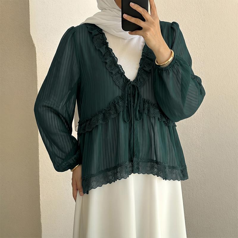 ZANZEA Women Elegant Lace Splice V-Neck See Through Long Sleeve Cover Up Blouse