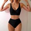 Juego de 2 Piezas para Mujer Bikini Set Escote en V Bordes Ensanchados Sujetador Cintura Alta Control de Abdomen Braguitas de Natación Set Patchwork Color Traje de Baño de Verano