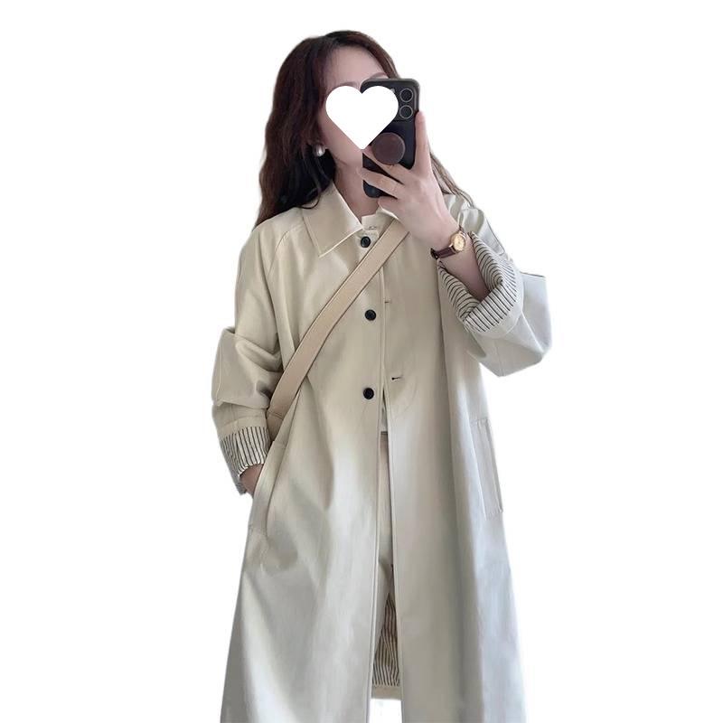 Damen Petites Beiger Mittellanger Trenchcoat: Britischer & Japanischer Stil, Frühling/Herbst, Lockerer Schnitt, Lässig