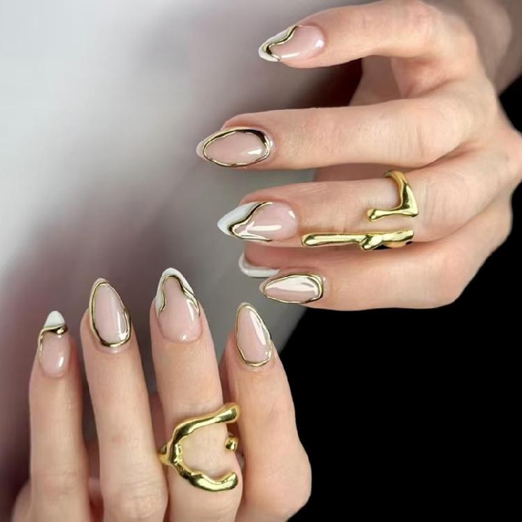 24 künstliche Fingernägel zum Aufkleben, Mandelform, French-Design, künstliche Nägel, Geschenk für Frauen und Mädchen