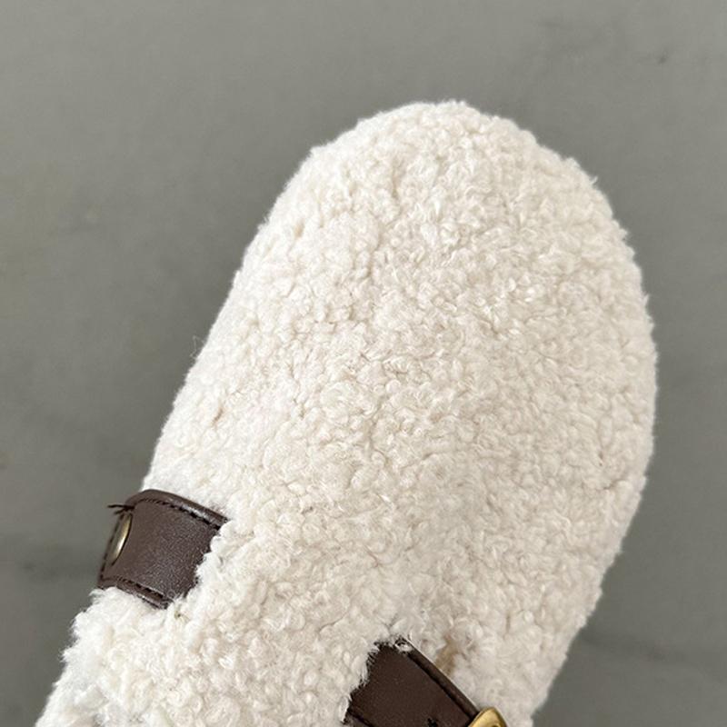 Moda Luksusowy Projektant Wełna Jagnięca Zima Bawełniane Buty Kobiety Kapcie Ciepłe Pluszowe Kręcone Owcze Futro Płaskie Klamra Pasek Muły Mokasyny Mujer