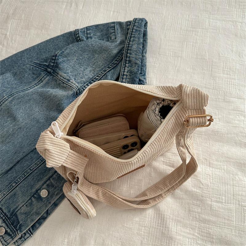 Light Corduroy Tote Bag For Students Large Capacity Casual Shoulder Purse