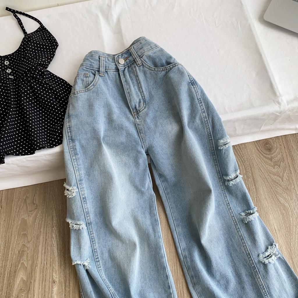 Edgy Hole Denim Loose Pants Women Autumn Newest Distressed Wide Leg Pocket Trendy Street Spicy Girl Y2K Casual Jeans