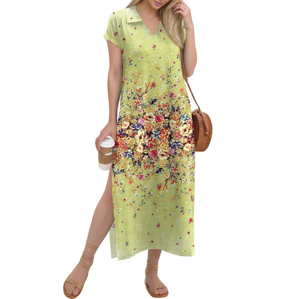 Damen Langer Rock Lässiges V-Ausschnitt Langes Hemdkleid Lockerer Schlitz Urlaub Kurzarmkleid