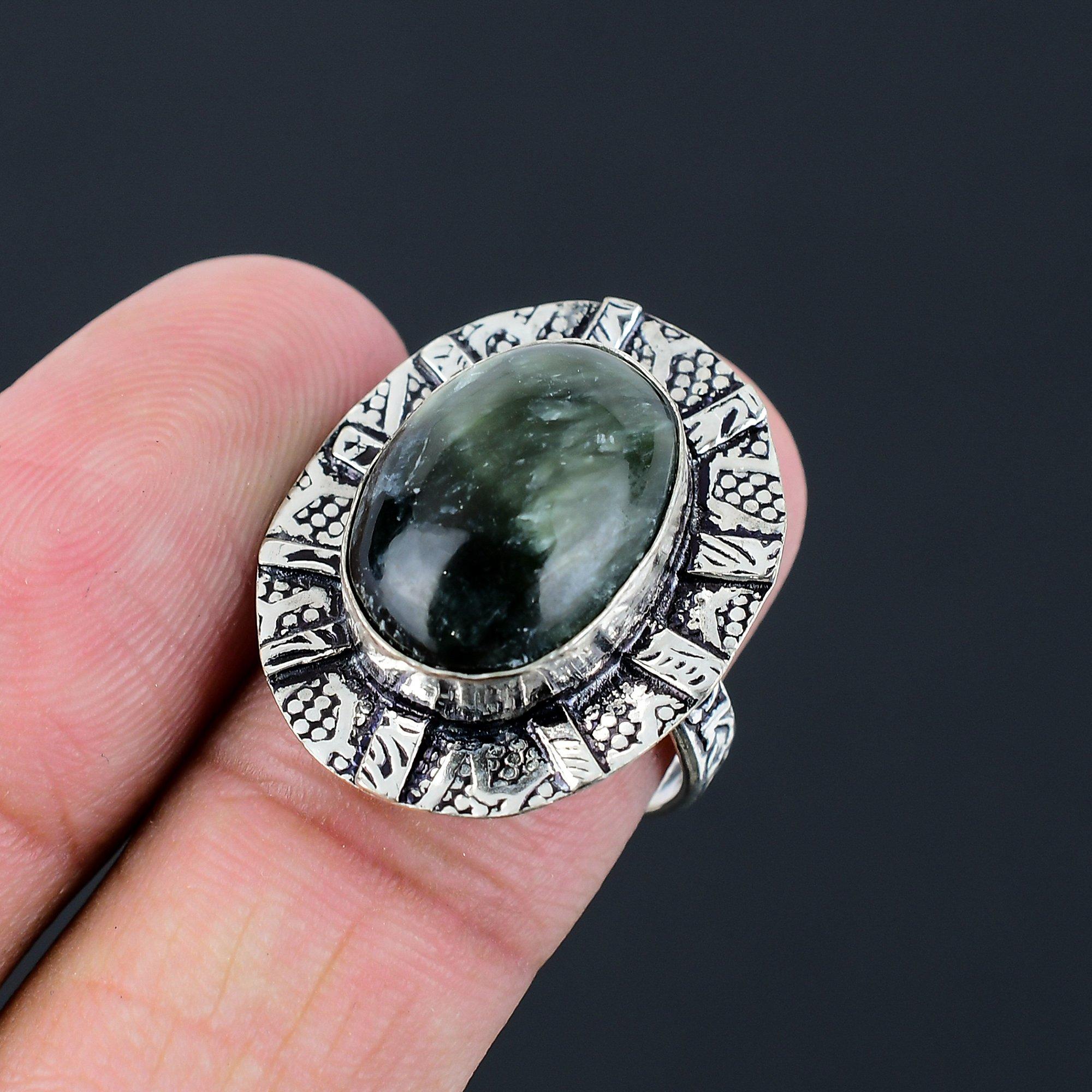 Sterling Silver Seraphinite Gemstone Statement Stackable Ring Jewelry Size 7.5 7.5