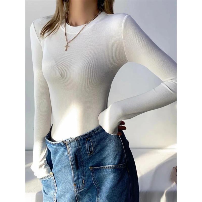 Dam Casual Bodycon Långärmad Bodysuit Vår Höst Sexig Slim Fit Basic Rundhals Enfärgad Jumpsuit