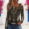 Women Plus Size Asymmetric Cutout Neck Cold Shoulder Long Sleeve Fitted Eagle Printed Top