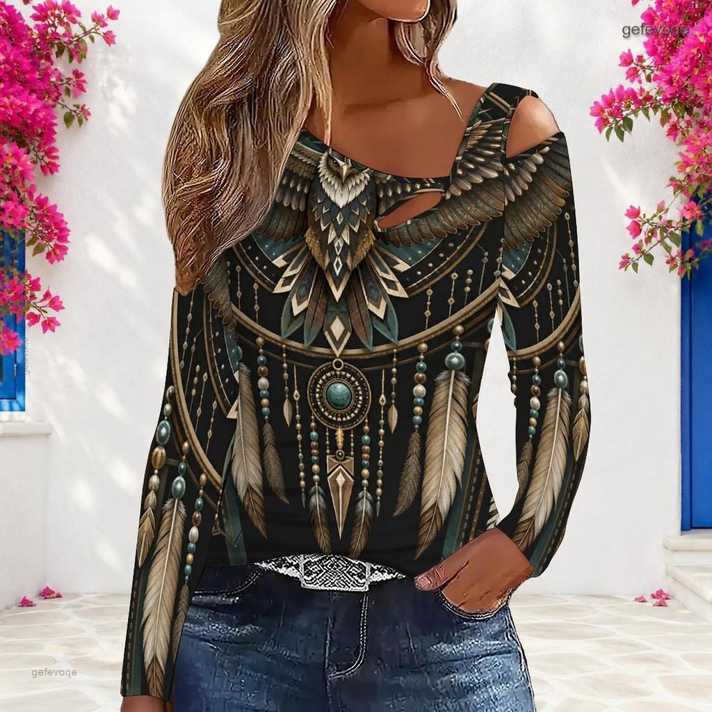 Women Plus Size Asymmetric Cutout Neck Cold Shoulder Long Sleeve Fitted Eagle Printed Top
