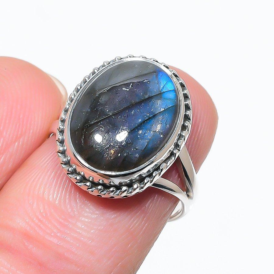 Natural Labradorite Gemstone 925 Solid Sterling Silver Jewelry Ring Size 7 V5h49