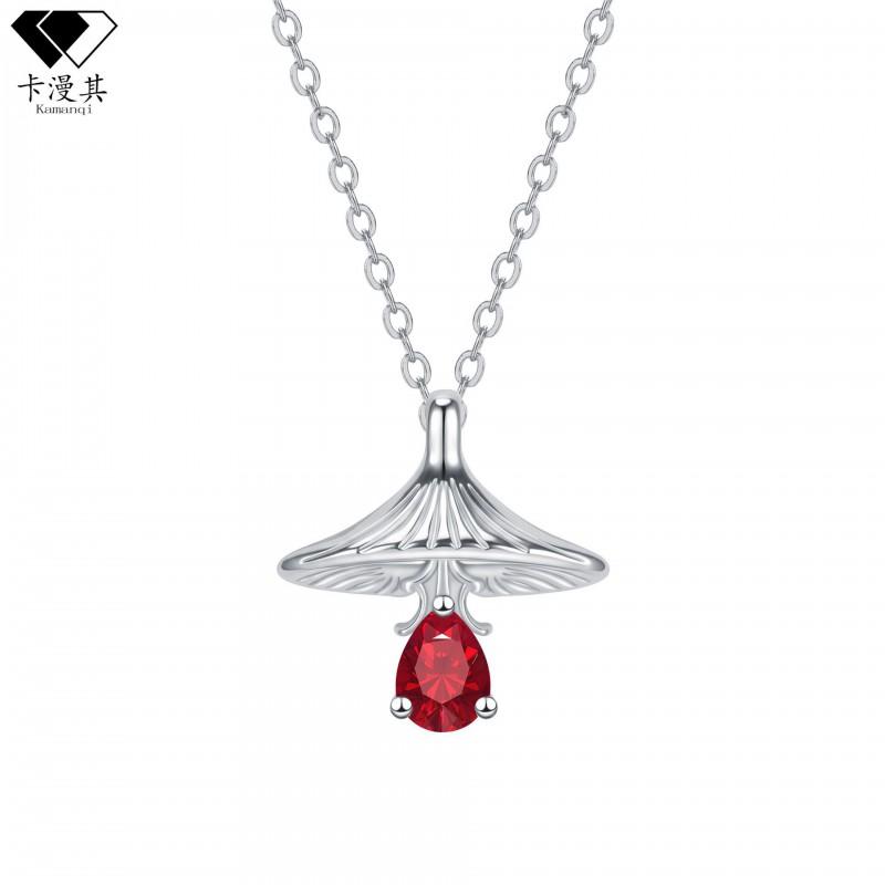 Minimalist Mushroom Umbrella Pendant Necklace Women Plated Copper With Red Crystal Lightweight Cross Chain Elegant Silver - Red Crystal