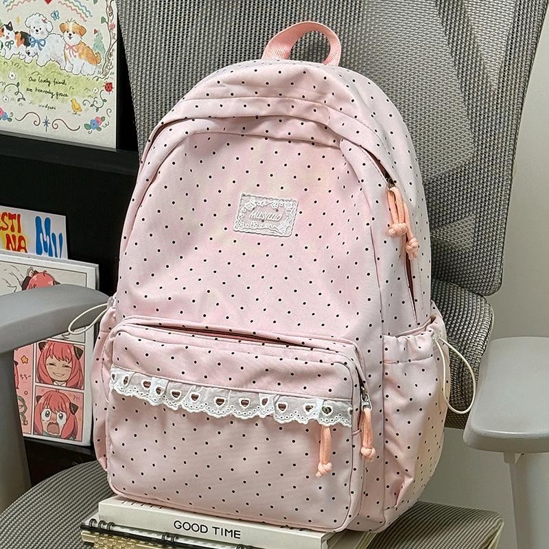 Schoolbag, Japanese-style girl's polka dot backpack, women's large capacity lightweight student backpack, cute cartoon new versatile backpack