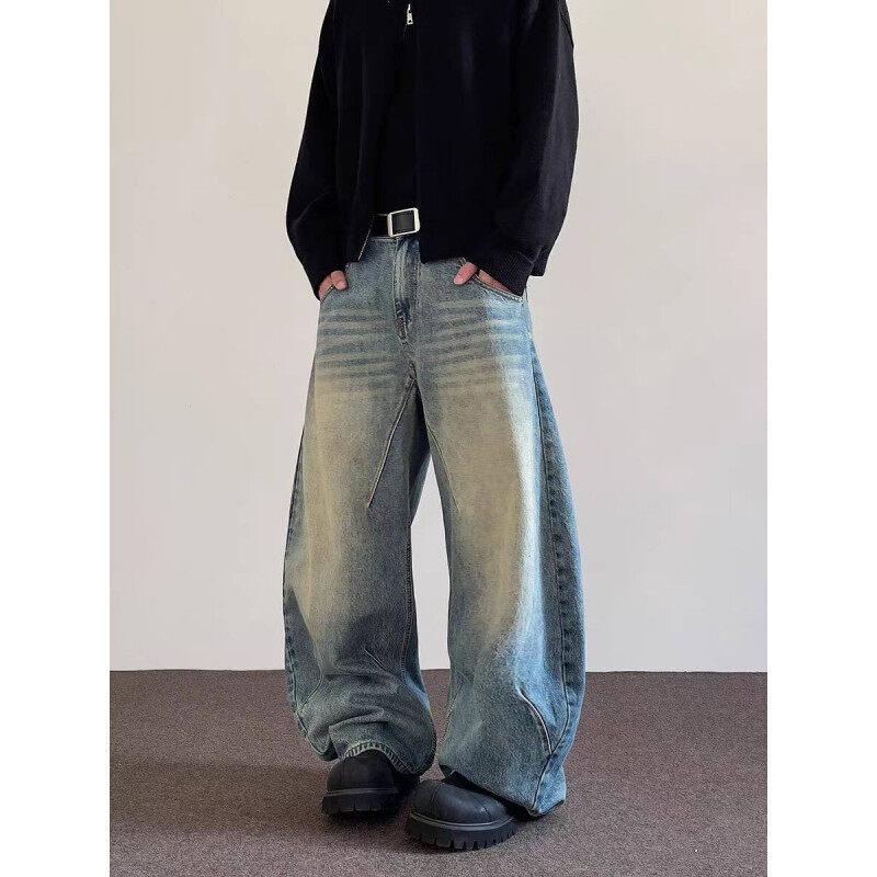 New men's jeans American retro scimitar pants loose wide-leg washed trousers personalized folds old pants