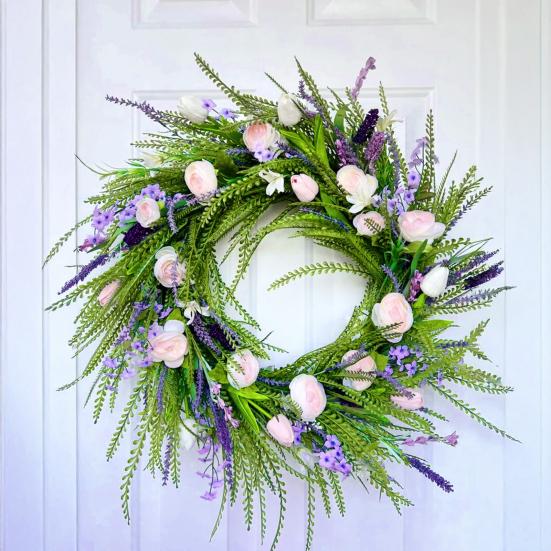 Spring Summer Tulip Wreath for Front Door Artificial Floral Greenery Wreath with Ferns Wildflowers for Porch Wall Farmhouse Wedding Decor