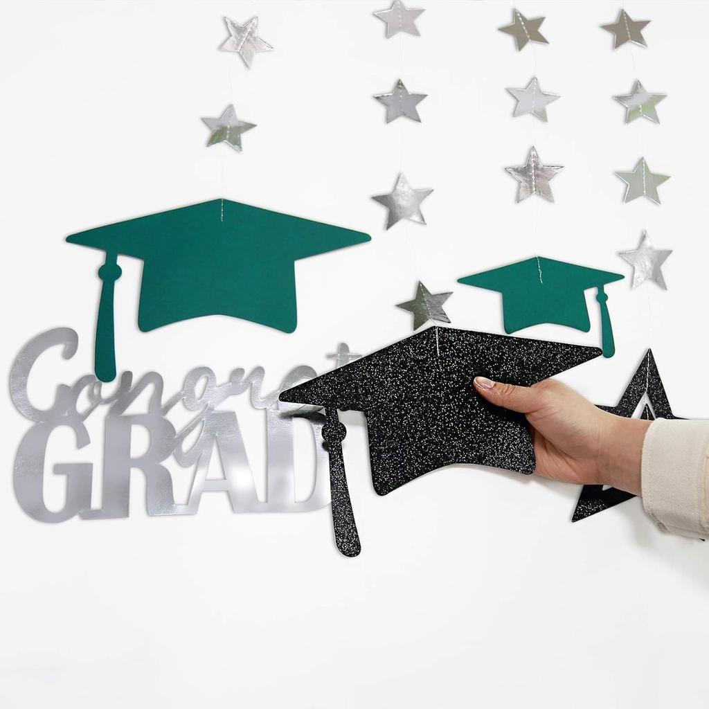 Cheerland 2025 Graduation Banner Party Decorations Green Graduation Cap Garland Kit Congrats Grad Supply for Prom Backdrop Decoration Ceiling Decor