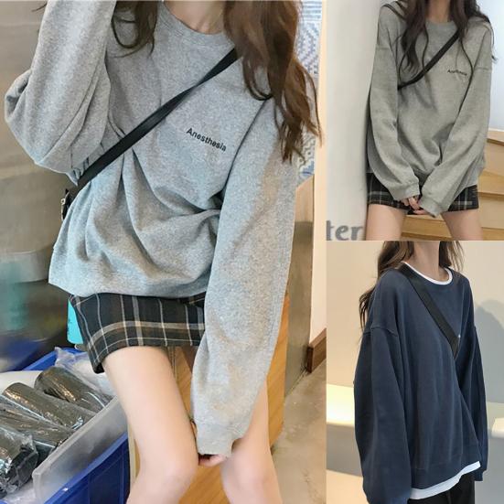 Women Long Sleeve Solid Color Loose Blouse Letters Print Sweatshirt Pullover