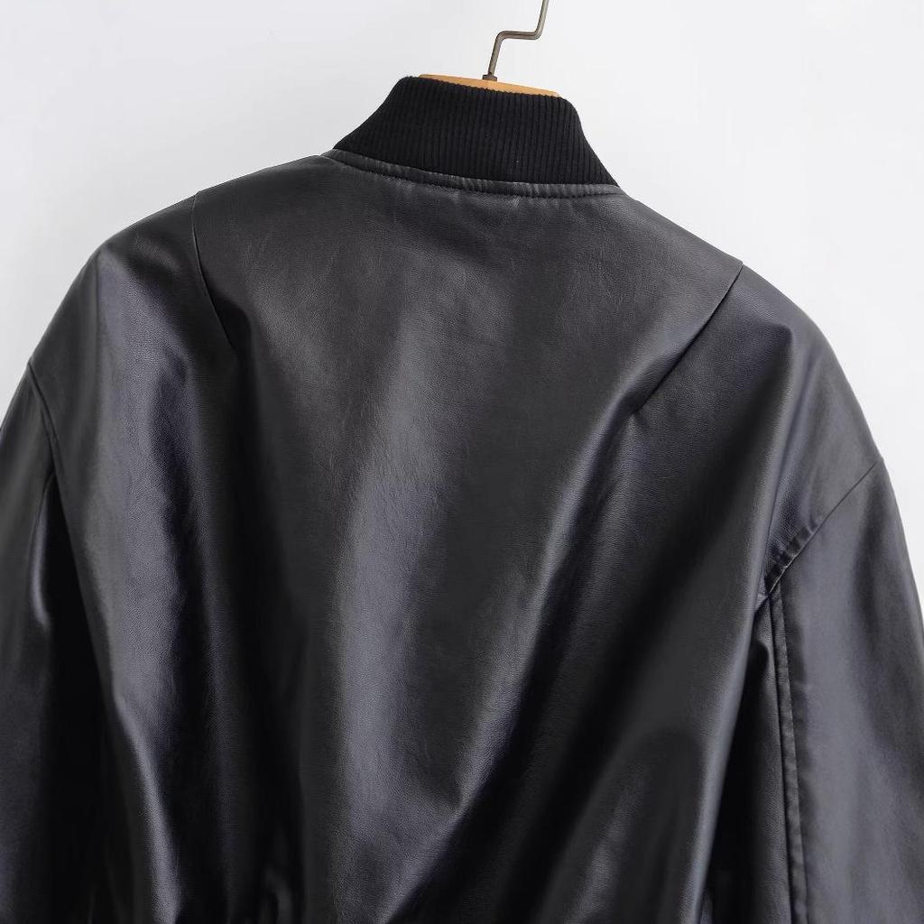 Autumn 2024 Women's European-American Style Washed Faux Leather Flight Jacket 6318223