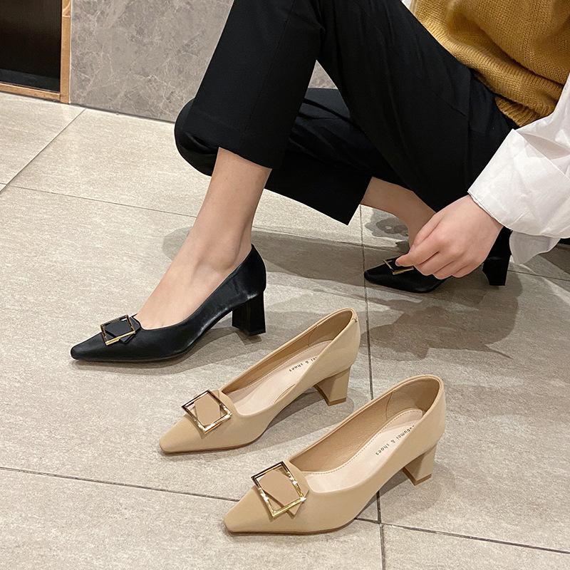 Korean Version of Square Buckle Temperament Single Shoes Women's Square Head Thick Heel High Heels Shallow Mouth Professional Commuting Women's Shoes