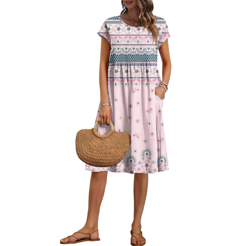 Women's Summer Fashion Casual Round Neck Short Sleeve Vintage Print Dress