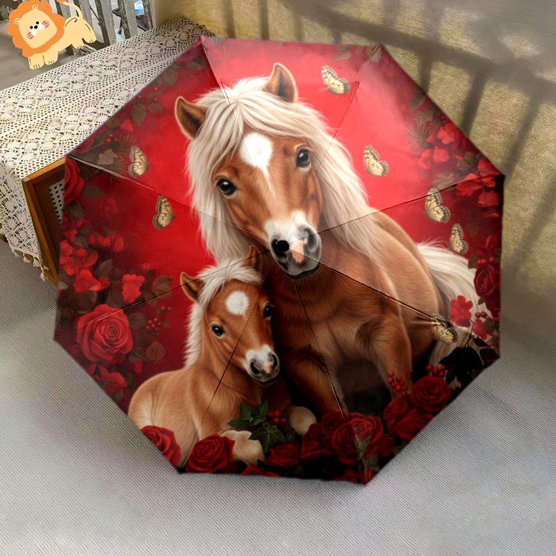 1 PC Automatic Folding Umbrella - Red Rose Horse Pattern, Portable & Foldable Design with 8 Ribs, Christmas Birthday Gifts