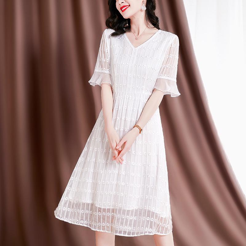 

Женское летнее платье 2025 года с V-образным вырезом, белое, из шелка тутового дерева, с рукавами-рюшами XXXL белый