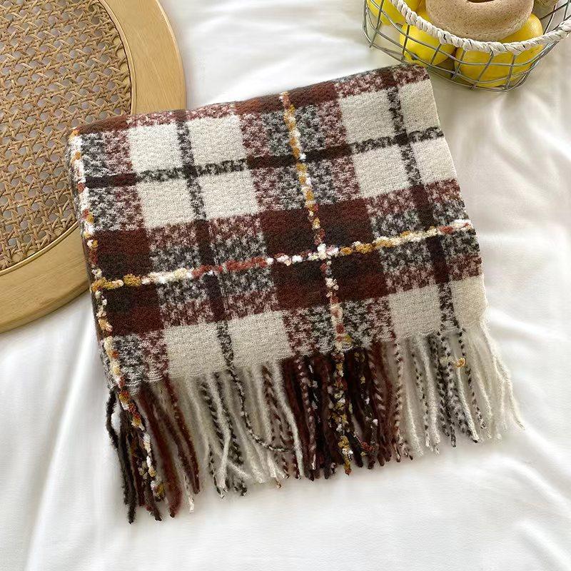 Autumn Winter Korean Campus Style Cheese Plaid Design Soft Faux Cashmere Tassel Warm Scarf