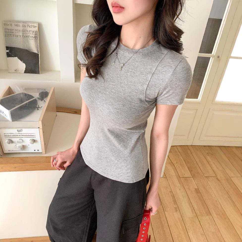 Slim-fitting Shoulder Short-sleeved T-shirt for Women In Summer, Sexy Tight Slim Short Solid Color Top