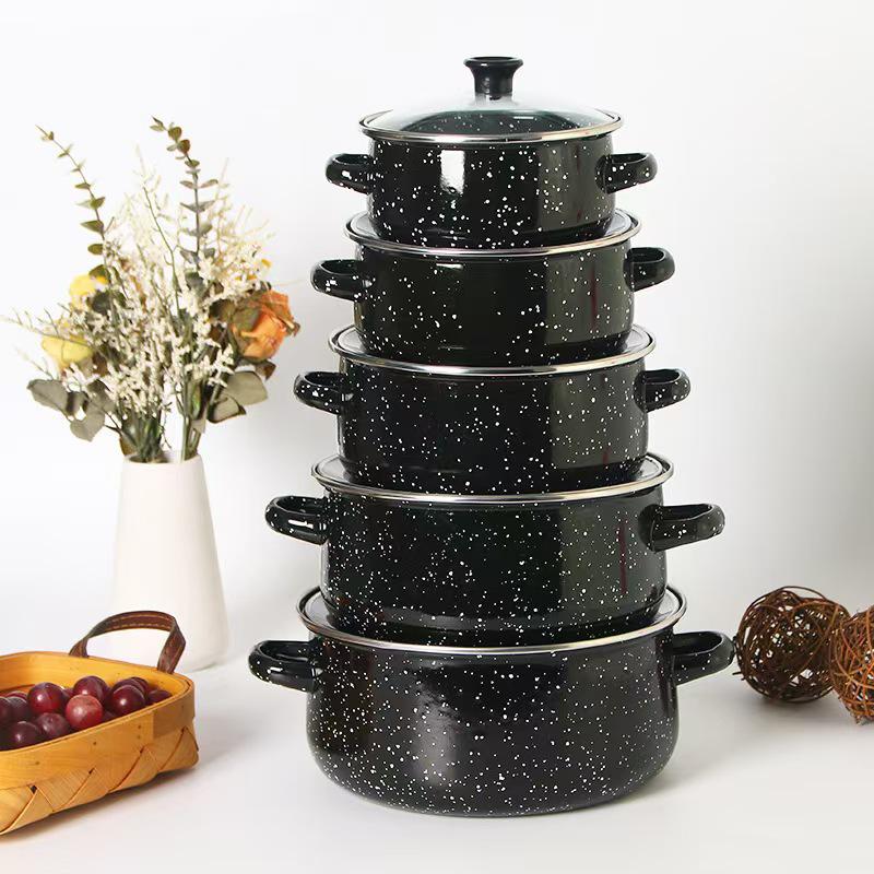 Sada smaltovaného nádobí s tečkami: Zesílené 5dílné hrnce na polévku (Model 673DG-K)