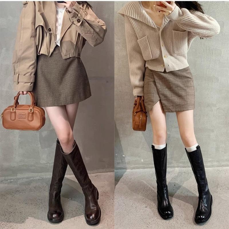 ! Shoes Retro Washed Horse Leather Versatile and Thin Zipper Thick Heel Platform Knight Boots