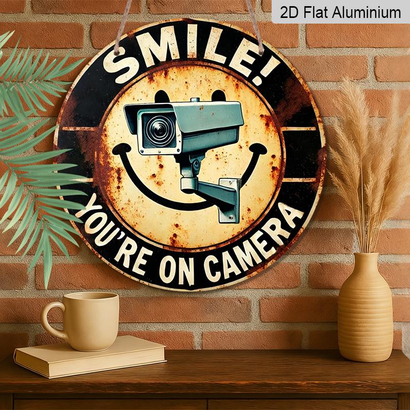 2D Flat, 1pc Round Aluminum Hanging Sign, "Smile You're On Camera" CCTV Security Camera & Smiley Face Design, Retro Distressed Warning Metal Sign
