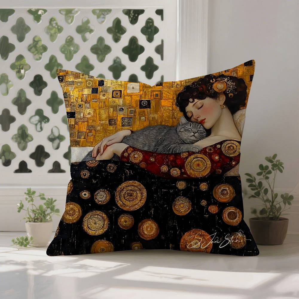 Gustav Klimt Oil Painting Pillow Case  Anti-dustmite Pillowcase Invisible Zipper Silky Sofa Cushion Cover
