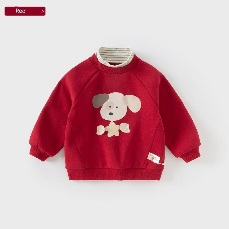 David Bella Kidsren s Sweatshirt Winter New Style Boys and Girls New Year s Fleece-Lined Fake Two-Piece Half Turtleneck Top Type a Red [Ready Stock] 120