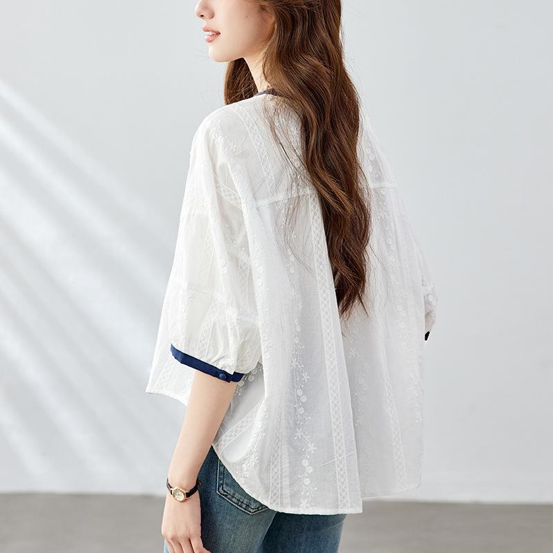 New Summer Style for Women Korean Style Loose and Fashionable Sweet Five-point Sleeve Embroidered Shirt Versatile Casual Top Cotton Shirt