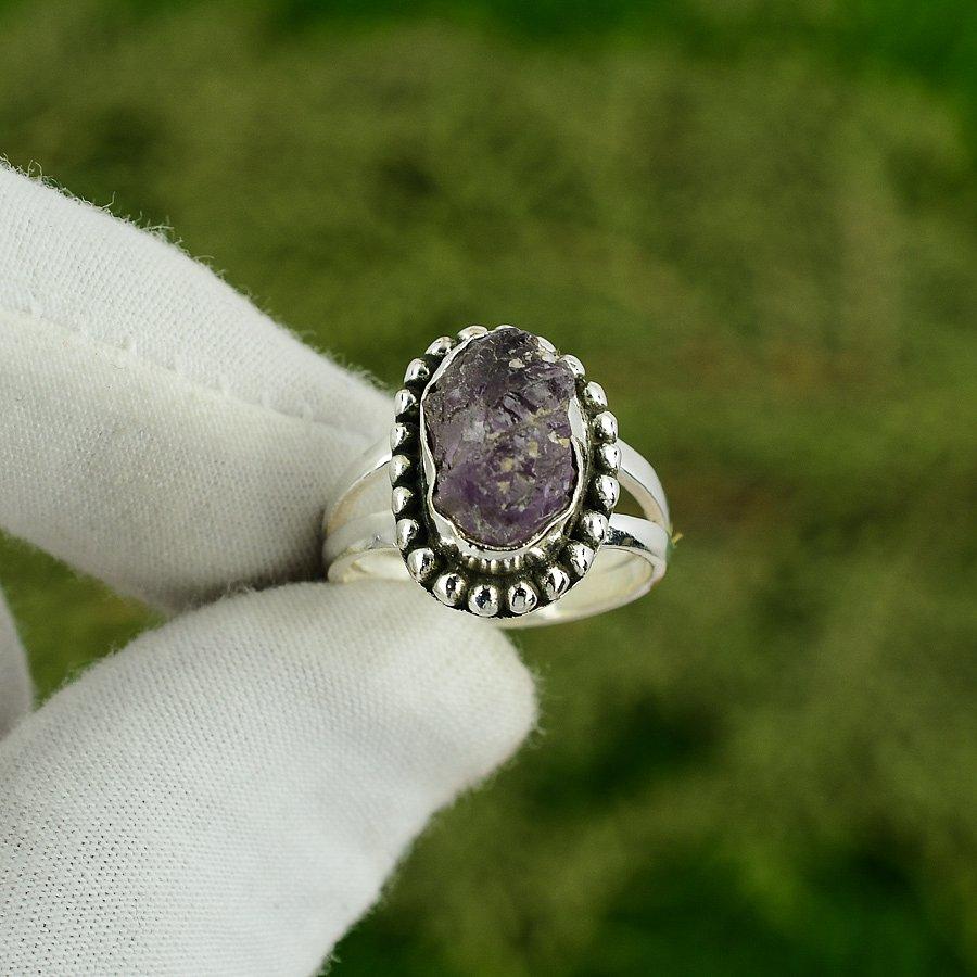 Wedding Gift For Her 925 Silver Natural Amethyst Rough Multi Stone Ring Size 7