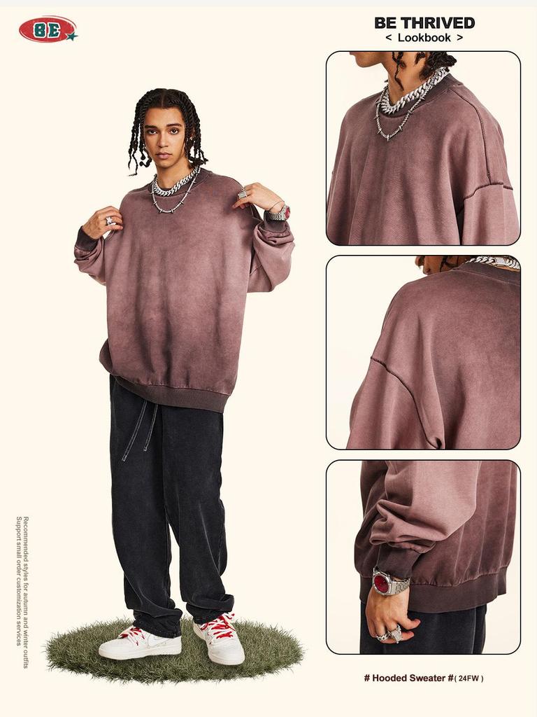 BE Men's Fashion | 2025 Autumn Oversized Round Neck Sweatshirt - European & American Trend, High-Quality, Basic Style, Washed Loose Fit