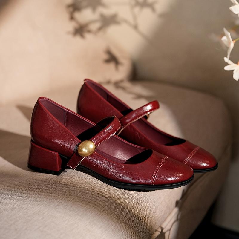

Cracked leather retro Mary Jane shoes women s round head thick heel with splicing single shoes small leather shoes soft surface 39 бордовий