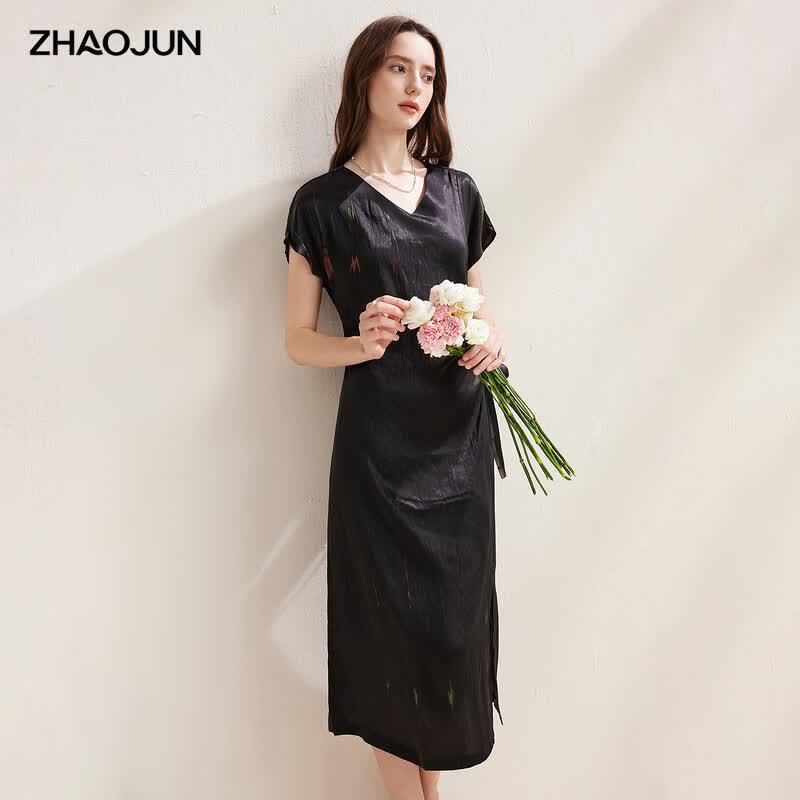 Women s Mulberry Silk Short-Sleeve Tie-Waist Slit Midi Dress L