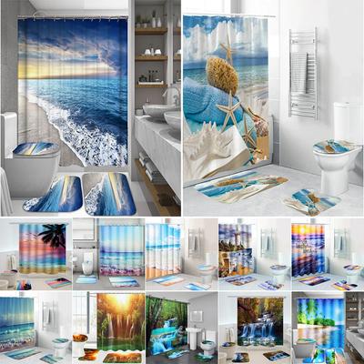 Küstensandstrand-Szenerie 3D-Druck Wasserdichtes Duschvorhang-Set Badvorleger Deckel Toilettendeckel Matte Badezimmer-Set Mit 12 Haken