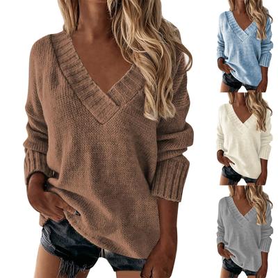 Women's Fashion Casual Solid Color V-Neck Long-sleeved Sweater Pullover Tops